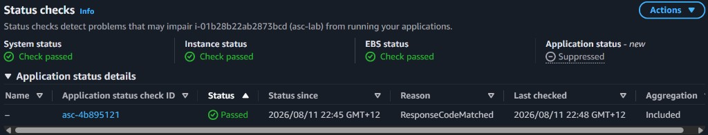 Status checks: system, instance, and EBS passed; Application status Suppressed while the per-check line remains passed